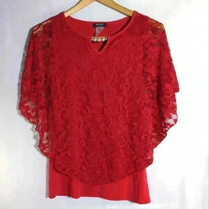 Onyx Apparel Red Lace Overlay Blouse sz S Pearl look accents
